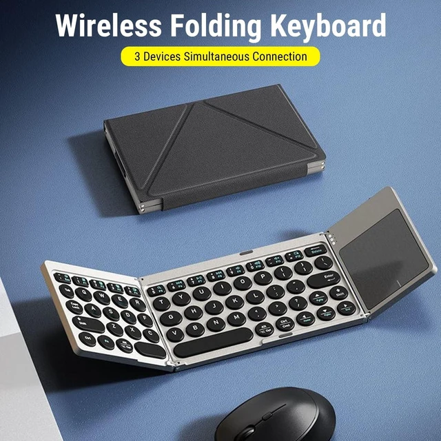 Alt view image 5 of 5 - PUSOKEI Foldable Bluetooth Keyboard with Touchpad, Portable Wireless Keyboard with PU Leather Cover, Connect Up to 3 Devices, Silent Rechargeable Keyboards for Tablet Laptop