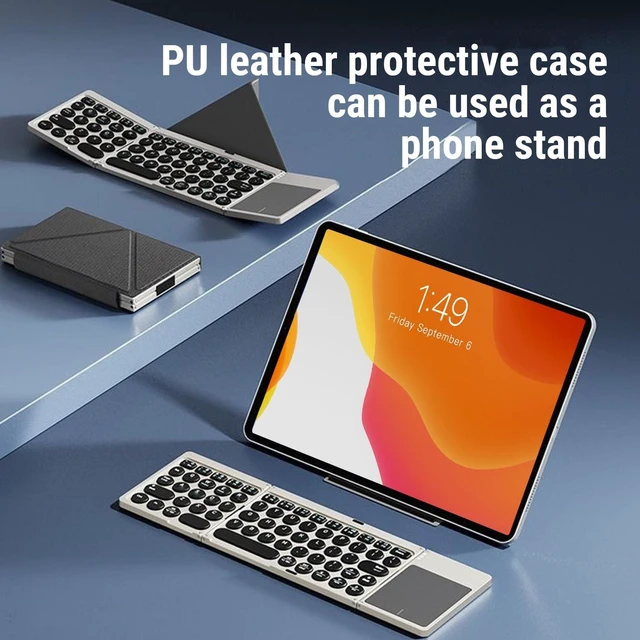 Alt view image 4 of 5 - PUSOKEI Foldable Bluetooth Keyboard with Touchpad, Portable Wireless Keyboard with PU Leather Cover, Connect Up to 3 Devices, Silent Rechargeable Keyboards for Tablet Laptop