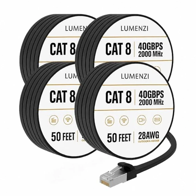 Main image of Lumenzi Cat8 Flat Ethernet Cable 50ft, 4 Pc Pack, 40Gbps 2000MHz Network Patch Cord, S/FTP Shielded LAN Cable, ETL Listed, RoHS Compliant, with RJ45 Connectors for Gaming, Router, Modem & Laptop