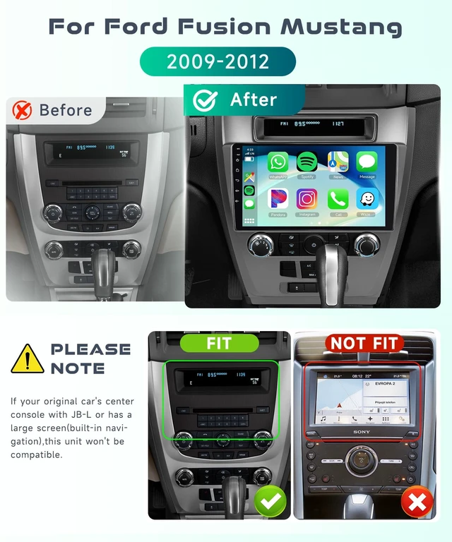 Alt view image 2 of 5 - 4G+64G Car Radio for Ford Fusion Mondeo Mustang 2009-2012 with Wireless CarPlay Android Auto, 10.1 Inch IPS Touch Screen Android 13 GPS WiFi Bluetooth DSP Audio HD Backup Camera
