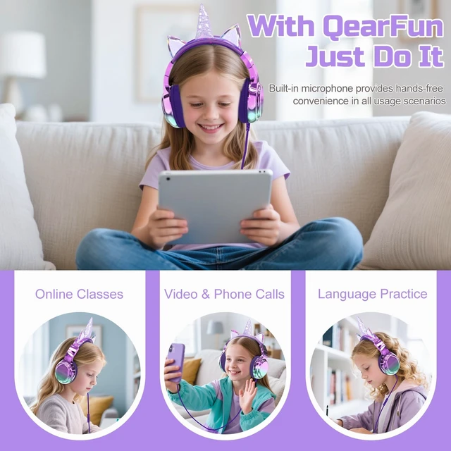 Alt view image 4 of 5 - QearFun Kids Unicorn Headphones with Cord with Mic, 85/94dB Volume Limit