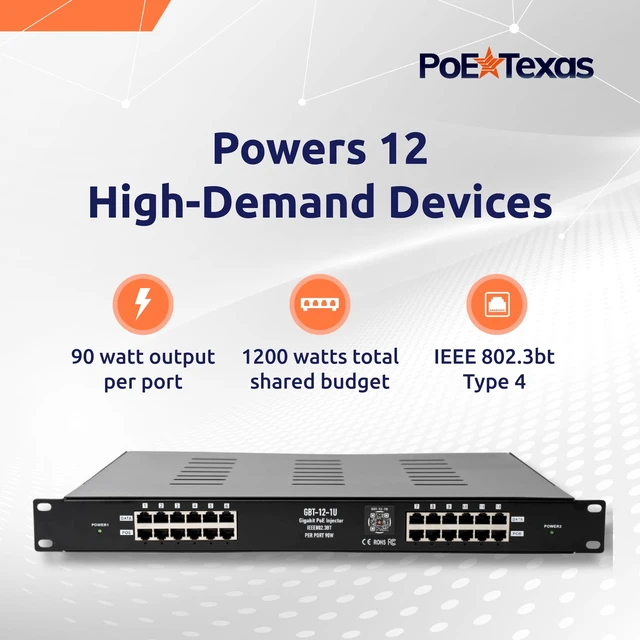 Alt view image 2 of 5 - PoE Texas 12-Port 2.5 Gigabit PoE++ Injector with 1200 Watt Power - IEEE 802.3bt Type 4 Active Midspan - 90 Watts Per Port for WiFi Access Points, PTZ Cameras, PoE Lighting - 1U Rack Mountable