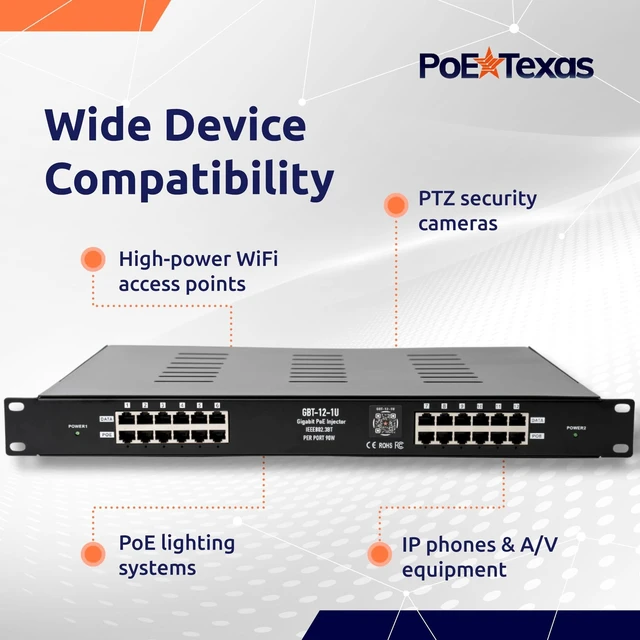 Alt view image 5 of 5 - PoE Texas 12-Port 2.5 Gigabit PoE++ Injector with 1200 Watt Power - IEEE 802.3bt Type 4 Active Midspan - 90 Watts Per Port for WiFi Access Points, PTZ Cameras, PoE Lighting - 1U Rack Mountable