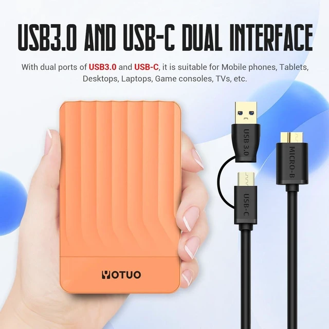 Alt view image 3 of 5 - YOTUO 750GB External Hard Drive, Portable Storage Expansion HDD, USB 3.0 & USB-C for PC, Mac, Desktop, Laptop, Smartphone, PS4, Xbox One, Xbox 360, Office & Game Orange