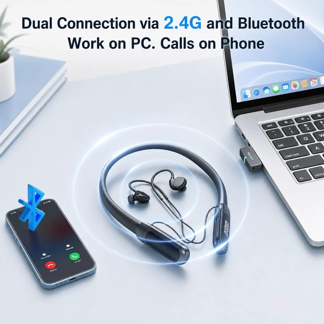 Alt view image 5 of 5 - Rampage 2 Bluetooth Neckband Headphones with Mic for Work, Wireless Headset with 2.4G USB Dongle, Around-the-Neck Earbuds, 32H Battery, Low Latency, for Computer, Laptop, Meetings, Calls