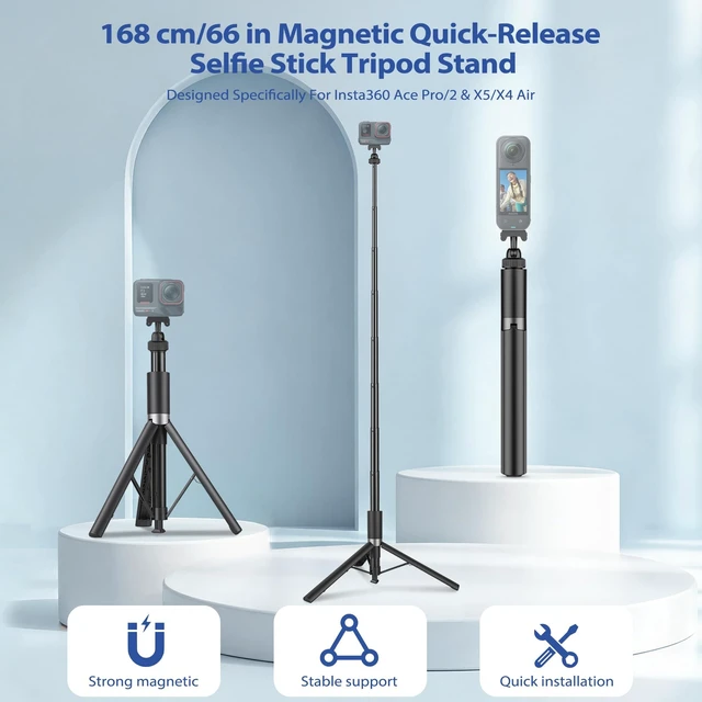 Alt view image 3 of 5 - Walking Way 66"/168CM Auto-Open Selfie Stick Tripod, Invisible Selfie Stick for Insta360 Ace/Ace Pro/2/X5/X4 Air, 360 Rotatable Pop-Open Camera Stand, Stable Throwpod for Travel/Vlog