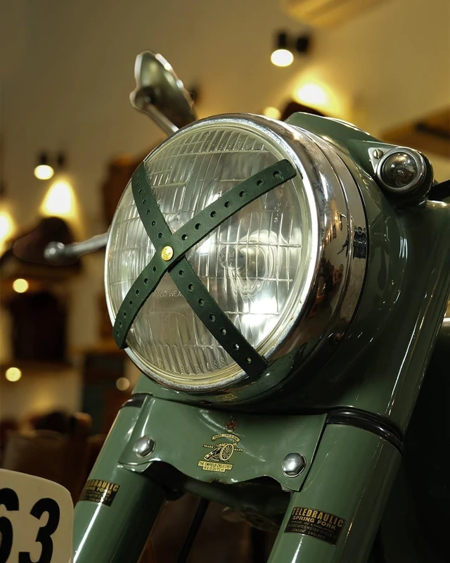 Alt view image 2 of 2 - Trip Machine Company Genuine Leather Sticker Cafe Racer Headlight X Tape Universal Bike Vintage Motorcycle Accesories Easy to Install with Heavy Duty 3M Adhesive (Perforated Forest Green)