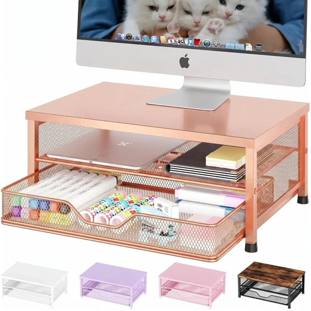 Main image of OPNICE Computer Monitor Stand Riser, Desk Organizer with Drawer, Printer & Laptop Stand, Office Desk Accessories & Workspace Desktop Organizers Storage for Office Supplies(Rose Gold)