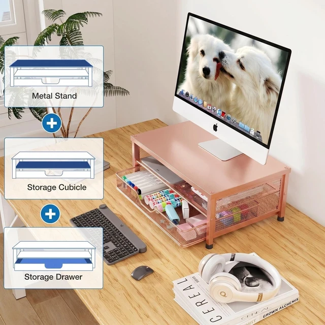 Alt view image 2 of 5 - OPNICE Computer Monitor Stand Riser, Desk Organizer with Drawer, Printer & Laptop Stand, Office Desk Accessories & Workspace Desktop Organizers Storage for Office Supplies(Rose Gold)