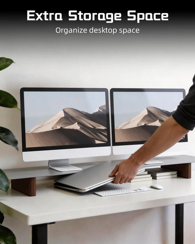 Alt view image 4 of 5 - CHENOMiNL Aluminum Dual Monitor Stand Riser with Wooden Legs, 42.5" Wide