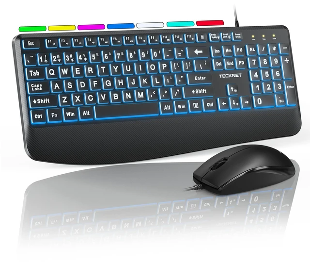Main image of TECKNET Wired Keyboard and Mouse Combo, 4X Large Print, 7-Color Backlit Silent Keyboard Kits, Ergonomic Design with Wrist Rest, Soft-Typing, USB Plug & Play for Computer/Mac/Laptop