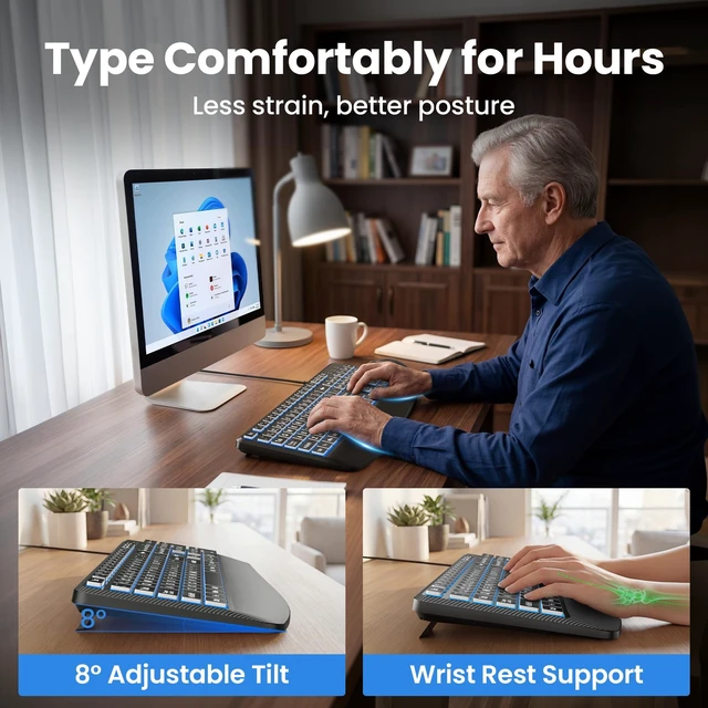Alt view image 4 of 5 - TECKNET Wired Keyboard and Mouse Combo, 4X Large Print, 7-Color Backlit Silent Keyboard Kits, Ergonomic Design with Wrist Rest, Soft-Typing, USB Plug & Play for Computer/Mac/Laptop