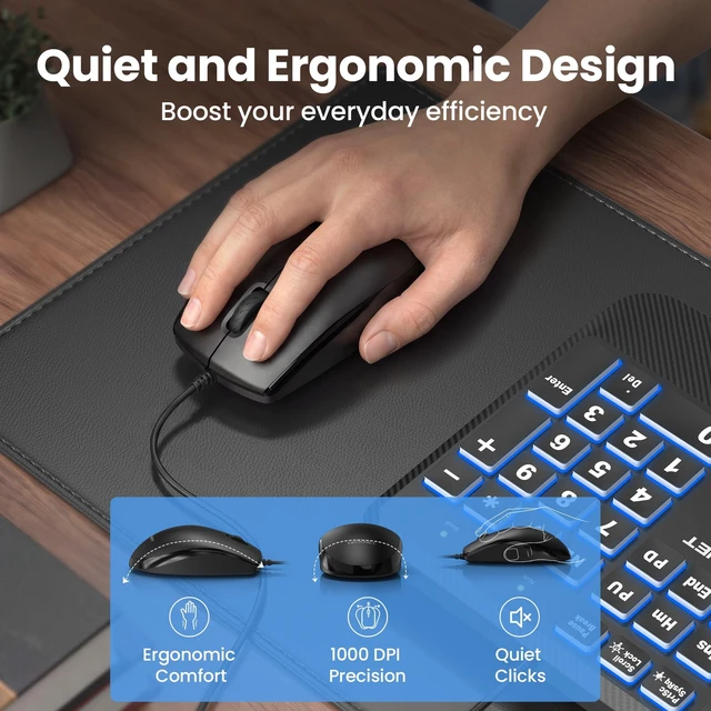Alt view image 5 of 5 - TECKNET Wired Keyboard and Mouse Combo, 4X Large Print, 7-Color Backlit Silent Keyboard Kits, Ergonomic Design with Wrist Rest, Soft-Typing, USB Plug & Play for Computer/Mac/Laptop
