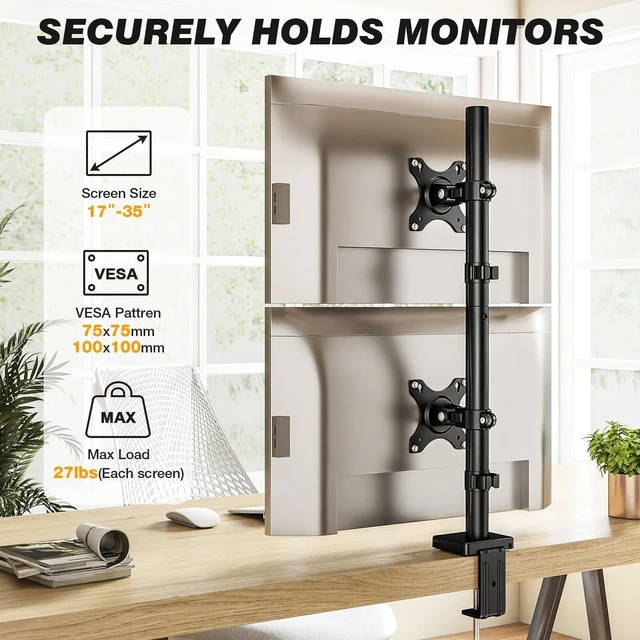 Alt view image 2 of 5 - 5Rcom Vertical Dual Monitor Mount, Stacked Monitor Stand for 2 Monitors with Height Adjustment, Computer Monitor Arm Supports Two 17 to 35 Inch with C Clamp & Grommet Desk Mount, Each Hold up to 27lbs