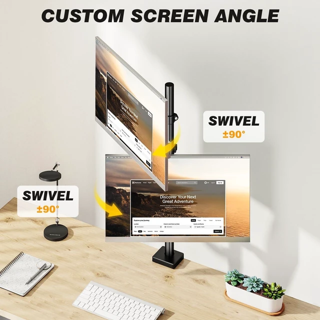 Alt view image 4 of 5 - 5Rcom Vertical Dual Monitor Mount, Stacked Monitor Stand for 2 Monitors with Height Adjustment, Computer Monitor Arm Supports Two 17 to 35 Inch with C Clamp & Grommet Desk Mount, Each Hold up to 27lbs