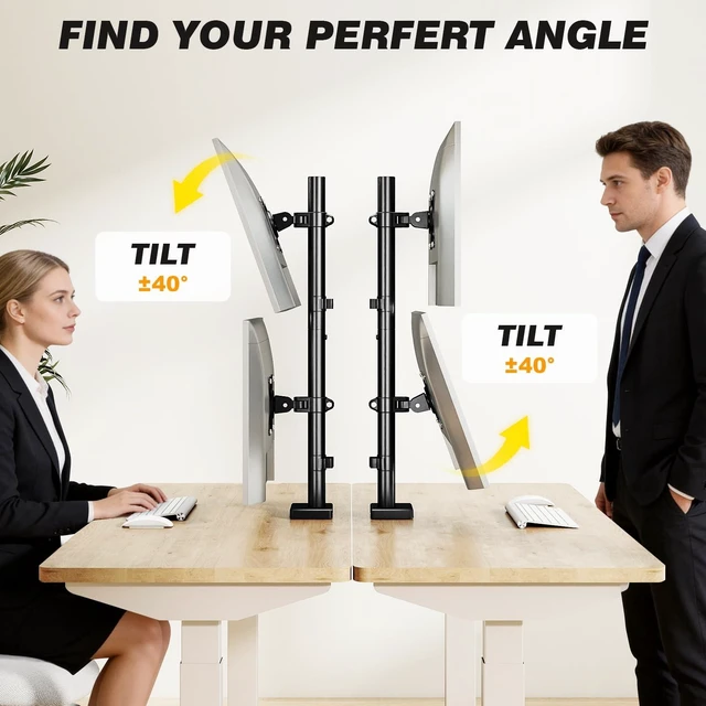Alt view image 3 of 5 - 5Rcom Vertical Dual Monitor Mount, Stacked Monitor Stand for 2 Monitors with Height Adjustment, Computer Monitor Arm Supports Two 17 to 35 Inch with C Clamp & Grommet Desk Mount, Each Hold up to 27lbs