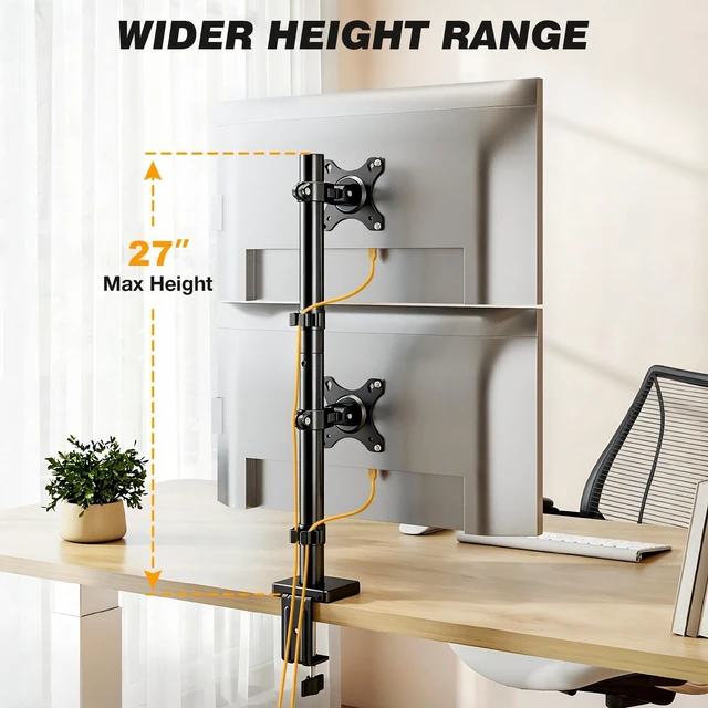Alt view image 5 of 5 - 5Rcom Vertical Dual Monitor Mount, Stacked Monitor Stand for 2 Monitors with Height Adjustment, Computer Monitor Arm Supports Two 17 to 35 Inch with C Clamp & Grommet Desk Mount, Each Hold up to 27lbs