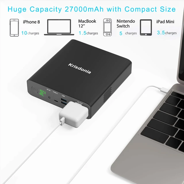 Alt view image 3 of 5 - Krisdonia Laptop Power Bank with AC Outlet 27000mAh TSA Approved