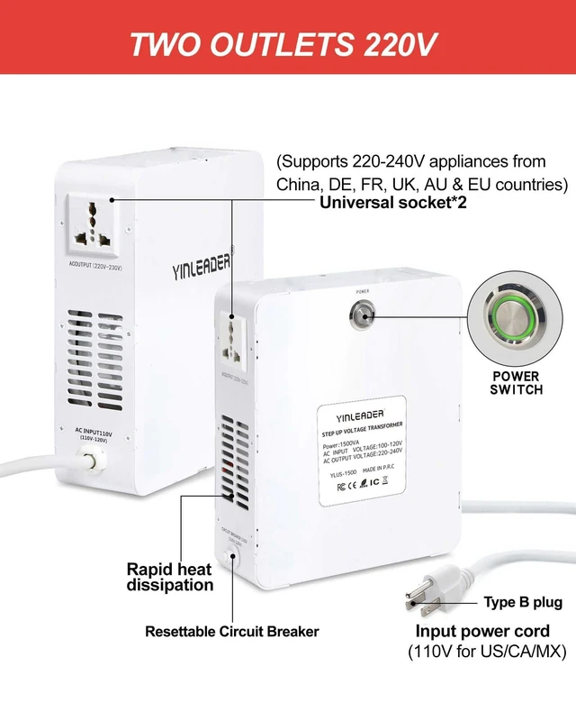 Alt view image 5 of 5 - 1500W 110/120V to 220/240V Voltage Converter Step Up Transformer