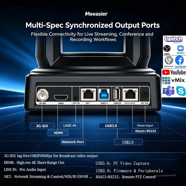 Alt view image 5 of 5 - Meeasier 4K PTZ NDI Camera & AI Tracking Auto Focus, 10X Optical Zoom Video Cenferencing Camera, Supported NDI/POE/HDMI/USB 3.0 for Home Live Streaming, Zoom Meeting, Worship, Training and Education