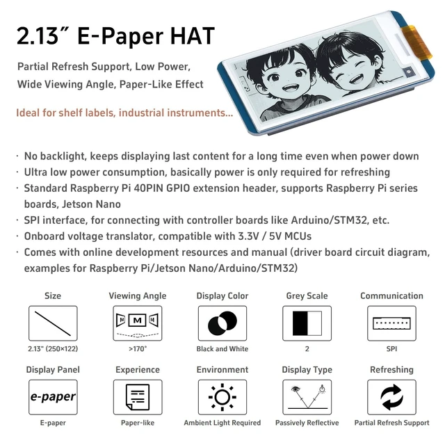 Alt view image 3 of 5 - KLAYERS 212x104, 2.13-Inch Flexible E-Ink Display HAT, Compatible with Raspberry Pi, Black/White Dual-Color with SPI Interface, with e-Paper Driver