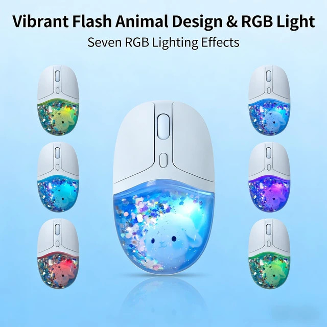 Alt view image 2 of 5 - Justdfine Aqua Mouse, Clear Water Glitter Animal Design Wireless Bluetooth Mouse, Blue Multi-Mode, 4000 DPI Adjustable, RGB Light Portable Rechargeable Mouse for Laptop PC Office Home