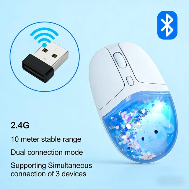 Alt view image 5 of 5 - Justdfine Aqua Mouse, Clear Water Glitter Animal Design Wireless Bluetooth Mouse, Blue Multi-Mode, 4000 DPI Adjustable, RGB Light Portable Rechargeable Mouse for Laptop PC Office Home