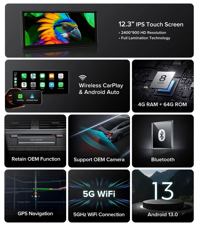 Alt view image 3 of 5 - ApexNav 12.3" CarPlay Radio for 09-16 Audi A4 B8 A5 S4 S5 MMI 3G System