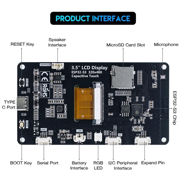 Alt view image 4 of 5 - Hosyond ESP32-S3 Touchscreen Module, 3.5" 240x320 IPS LCD EPS32 Display with WiFi Bluetooth Capacitive Touch Screen for Arduino IoT Projects