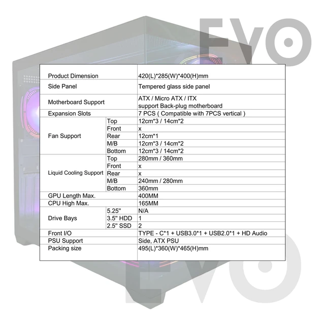 Alt view image 5 of 5 - JEMIP EVO 2.5 ATX Gaming PC Case, Tempered Glass Panels, 7 ARGB Fans Included, USB Type-C, Mid-Tower Computer Case, Black