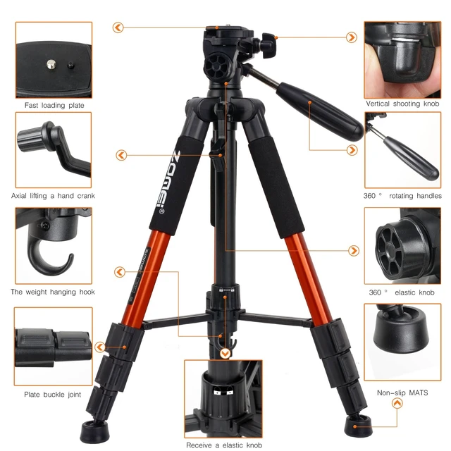 Alt view image 2 of 5 - Compact Light Weight Travel Portable Aluminum Camera Tripod Q111 55" for Canon Nikon Sony DSLR Camera YouTube Phone with Carry Case (Orange)