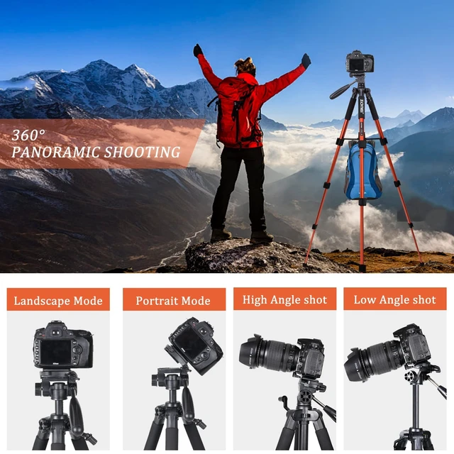 Alt view image 5 of 5 - Compact Light Weight Travel Portable Aluminum Camera Tripod Q111 55" for Canon Nikon Sony DSLR Camera YouTube Phone with Carry Case (Orange)