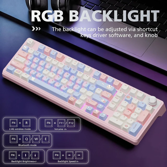 Alt view image 4 of 5 - ROYALAXE Compute Keyboard, Wireless Gaming Mechanical Creamy Keyboard Pink