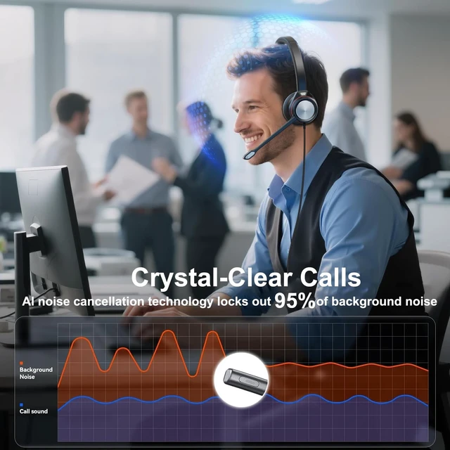 Alt view image 2 of 5 - Auvonix USB Headset with Microphone for PC, Mono Wired Computer Headset with 3.5mm & USB Dual Plug, Noise Cancelling Office Headphones for Call Center, Zoom, Teams, Laptop Mac