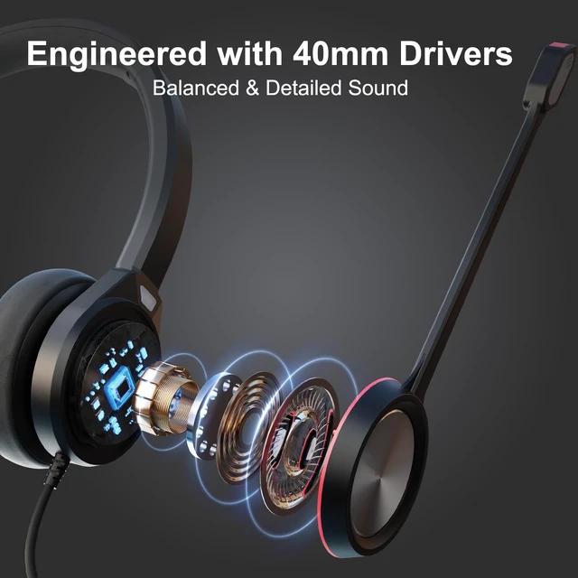 Alt view image 3 of 5 - Auvonix USB Headset with Microphone for PC, Mono Wired Computer Headset with 3.5mm & USB Dual Plug, Noise Cancelling Office Headphones for Call Center, Zoom, Teams, Laptop Mac