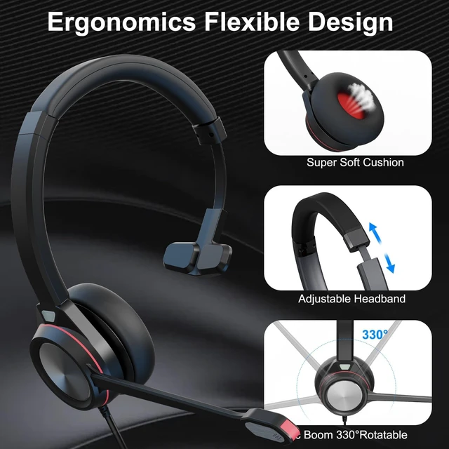 Alt view image 5 of 5 - Auvonix USB Headset with Microphone for PC, Mono Wired Computer Headset with 3.5mm & USB Dual Plug, Noise Cancelling Office Headphones for Call Center, Zoom, Teams, Laptop Mac