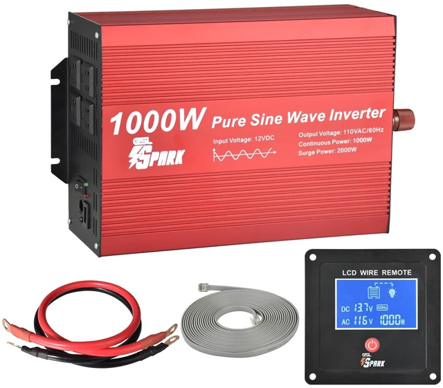 Main image of GSL Spark Pure Sine Wave Power Inverter 1000W Rated Power and 2000W Surge Power, DC12V to AC110V 60Hz, with 4 AC Output receptacles, USB and LCD Remote Display.
