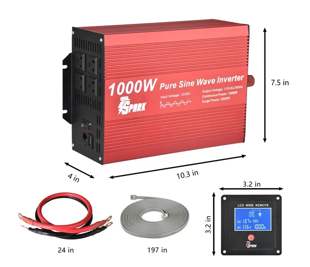 Alt view image 2 of 4 - GSL Spark Pure Sine Wave Power Inverter 1000W Rated Power and 2000W Surge Power, DC12V to AC110V 60Hz, with 4 AC Output receptacles, USB and LCD Remote Display.
