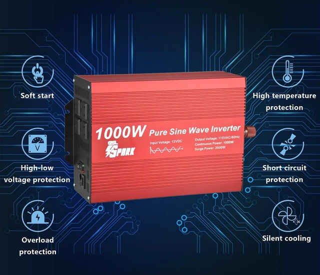 Alt view image 4 of 4 - GSL Spark Pure Sine Wave Power Inverter 1000W Rated Power and 2000W Surge Power, DC12V to AC110V 60Hz, with 4 AC Output receptacles, USB and LCD Remote Display.