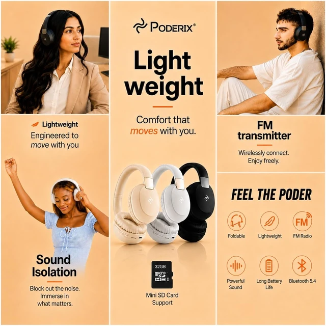 Alt view image 3 of 5 - PODERIX PDBEAM Wireless Foldable Bluetooth Over Ear Headphones with Mic, Micro SD Card Playback, 25H Playtime, 120H Standby, FM Radio, Lightweight for Travel, Work, Gym or Yoga