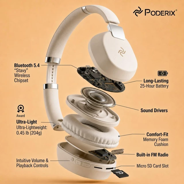 Alt view image 4 of 5 - PODERIX PDBEAM Wireless Foldable Bluetooth Over Ear Headphones with Mic, Micro SD Card Playback, 25H Playtime, 120H Standby, FM Radio, Lightweight for Travel, Work, Gym or Yoga