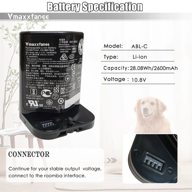 Alt view image 2 of 5 - Vmaxxfanee for Roomb Replacement Lithium Ion Battery ABL-C Compatible with braava Jet M6 Series M611020 M612680 M612880 M614480 3INR19/65