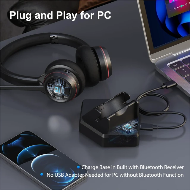 Alt view image 2 of 5 - Beebang Bluetooth Headset with Microphone, Wireless Headset with Mic & Mute Button, 40 Hrs Working Time Noise Cancelling Bluetooth 5.2 for PC Laptop Teams Zooms Work Business Meeting