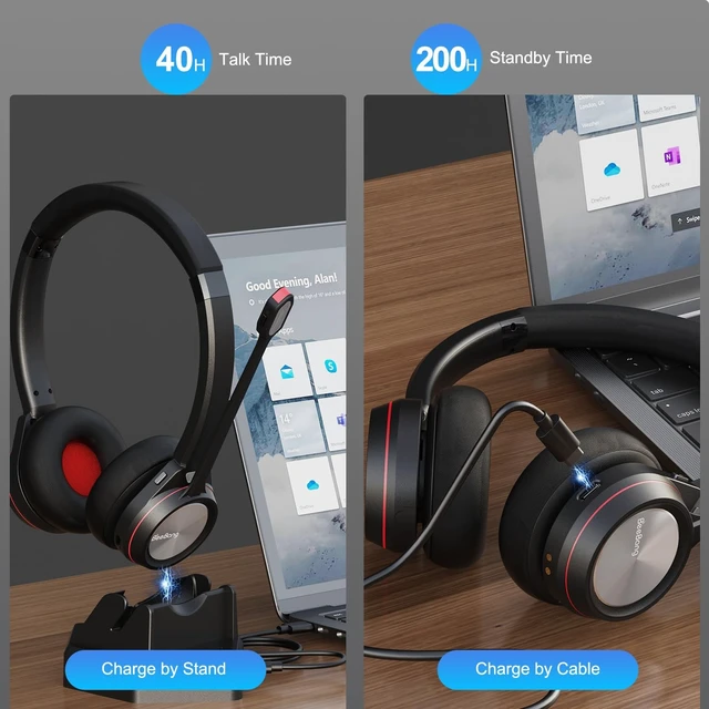 Alt view image 5 of 5 - Beebang Bluetooth Headset with Microphone, Wireless Headset with Mic & Mute Button, 40 Hrs Working Time Noise Cancelling Bluetooth 5.2 for PC Laptop Teams Zooms Work Business Meeting