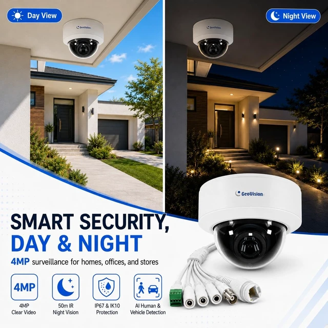 Alt view image 2 of 5 - GeoVision GV-GVD4910 Cloud AI 4MP Vandal Proof IP Dome Camera, 165ft Night Vision, Person/Vehicle Detection, 4.3X Motorized Zoom, Built-in Mic, IP67/IK10