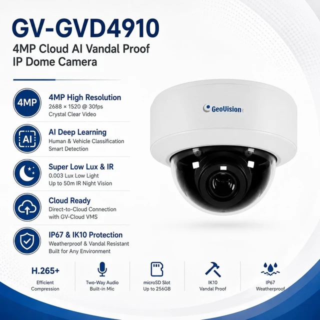 Alt view image 3 of 5 - GeoVision GV-GVD4910 Cloud AI 4MP Vandal Proof IP Dome Camera, 165ft Night Vision, Person/Vehicle Detection, 4.3X Motorized Zoom, Built-in Mic, IP67/IK10