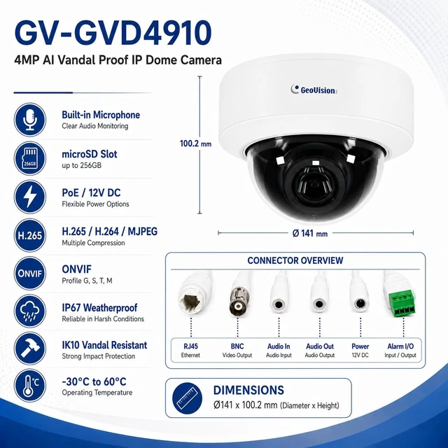 Alt view image 4 of 5 - GeoVision GV-GVD4910 Cloud AI 4MP Vandal Proof IP Dome Camera, 165ft Night Vision, Person/Vehicle Detection, 4.3X Motorized Zoom, Built-in Mic, IP67/IK10