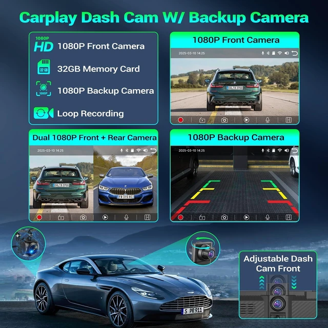 Alt view image 2 of 5 - 7" Portable Car Screen with Dual Dash Cam, Wireless CarPlay Android Auto