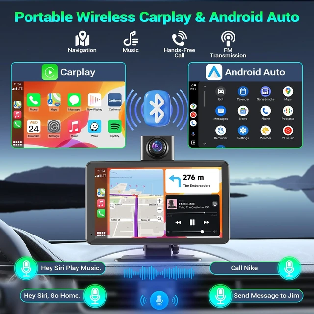 Alt view image 4 of 5 - 7" Portable Car Screen with Dual Dash Cam, Wireless CarPlay Android Auto