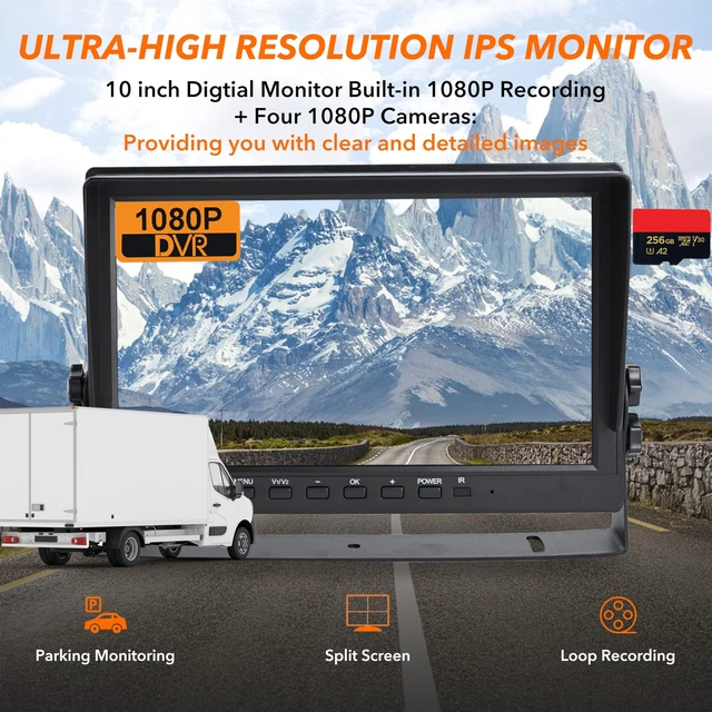 Alt view image 2 of 5 - CAMSLEAD 10" Car Backup Camera Monitor CCTV, DVR Recorder, RV Backup Camera System, 4 x AHD 1080P Rear View Camera, Waterproof IR Crystal Night Vision, Rriving Recorder for Truck Trailer Camper RV